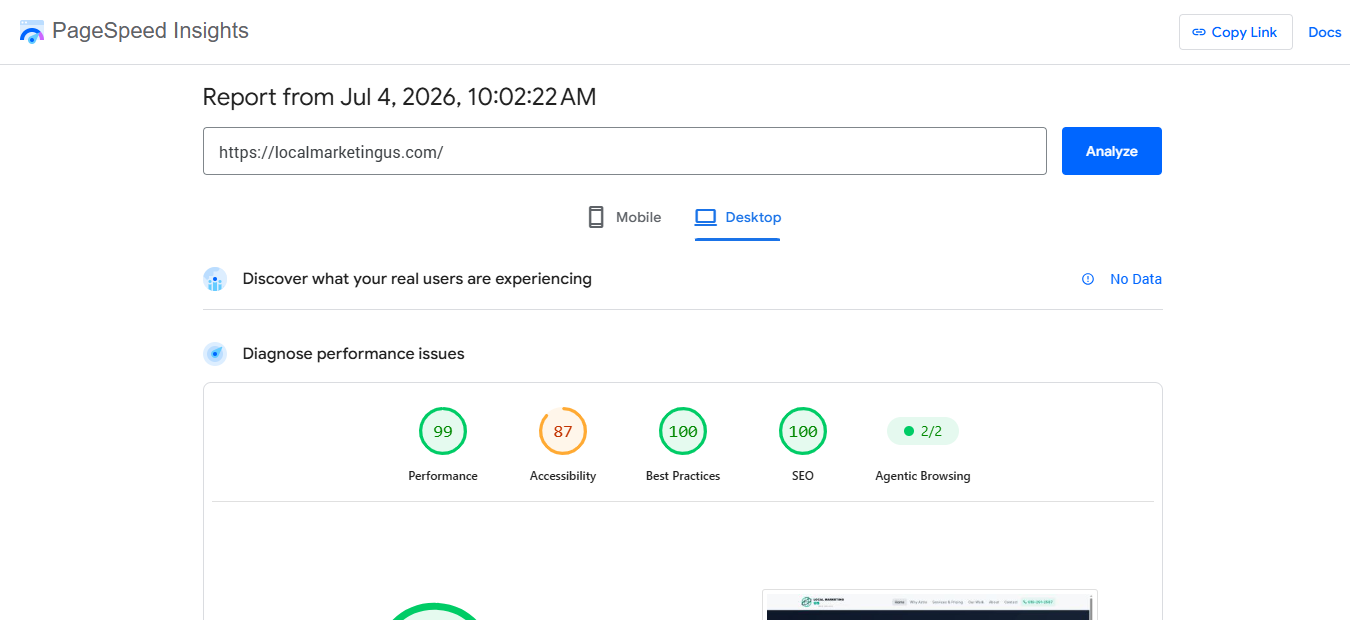 Google PageSpeed Insights desktop report showing 99 Performance for localmarketingus.com