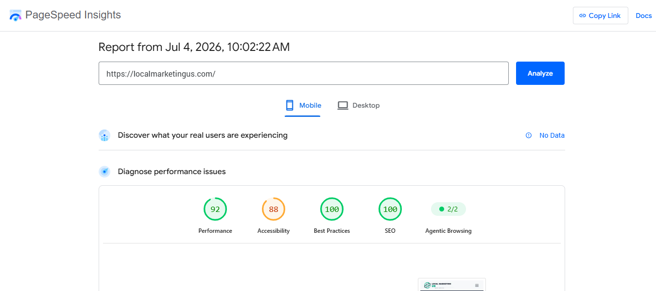 Google PageSpeed Insights mobile report showing 92 Performance for localmarketingus.com